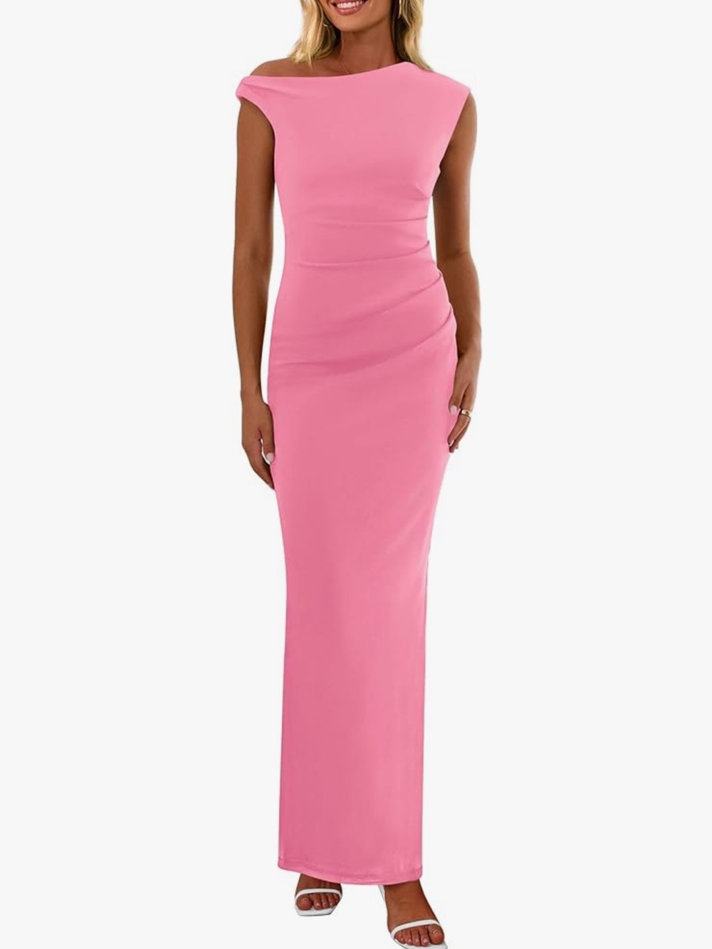 PrettyGarden Ruched Mesh Bodycon Off the Shoulder Pink Maxi Dress Sz S